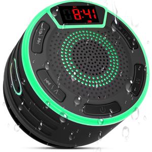 Bluetooth Speakers, IPX7 Waterproof Shower Speaker, Portable Speaker with LED Display, FM Radio, Suction Cup, Light Show, Built-in Mic, Best Gifts for Pool Beach Home Party Travel Outdoors (Black)