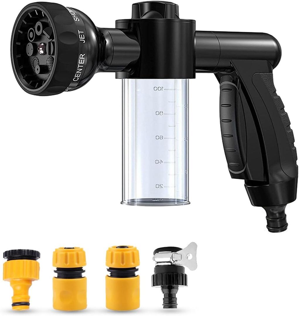 Car Wash Nozzle, High Pressure Water Garden Hose Nozzle with 8 Watering Patterns, Foam Sprayer with Soap Dispenser Bottle for Car Washing, Watering Plant (Black-4 Connectors) Car Wash Nozzle, High Pressure Water Garden Hose Nozzle with 8 Watering Patterns, Foam Sprayer with Soap Dispenser Bottle for Car Washing, Watering Plant (Black-4 Connectors)