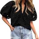 BETTE BOUTIK Women's Long Short Sleeve Tops 2025 Dressy Casual Button Hollow Out Lace Embroidered Blouses Shirts (Large, Black)
