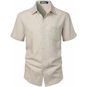 ZEROYAA Men's Linen Shirts Short Sleeve Summer Casual Button Down Beach Shirt with Pocket (Beige, S)
