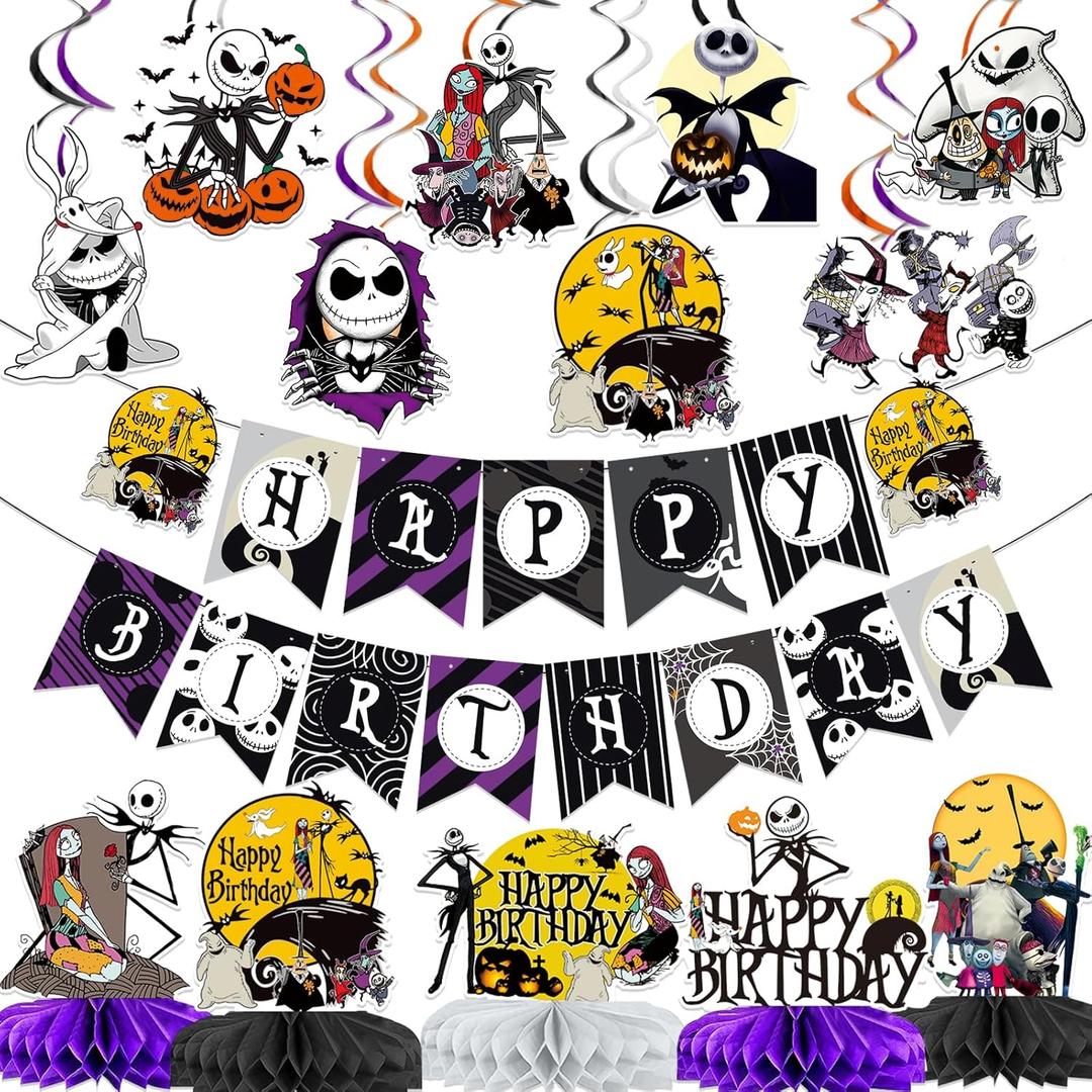 Night Before Christmas Banner Night Before Christmas Birthday Decorations Jack Skellington Birthday Decorations Halloween Banner for Halloween Party Decorations Supplies (Purple Black)