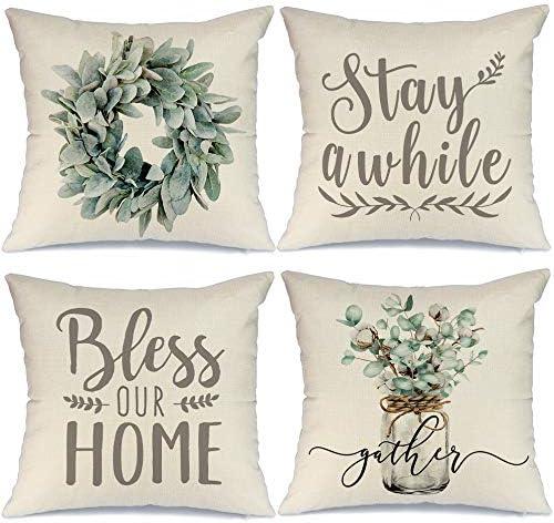 GEEORY Farmhouse Decor Pillow Covers 18x18 Inch Set of 4 Eucalyptus Wreath Bless Our Home Decorative Throw Pillow Covers Stay a While Cushion Case Pillow Case for Couch Sofa