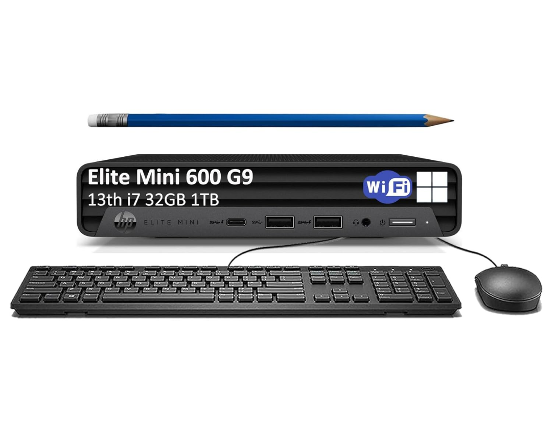 HP Elite 600 G9 Mini PC (Intel 16-Core i7-13700T, 32GB DDR5 RAM, 1TB PCle SSD) MFF Business Desktop Computer, Type-C, IST Keyboard, Mouse, DisplayPort, WiFi 6E, Ethernet, ‎BT, Win 11 Pro, Black