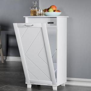 VECELO Tilt Out Kitchen Trash Bin Cabinet, Dog Proof Garbage Can with Wood Holder Free Standing Recycling, White (Single)