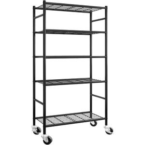 Sakugi Storage Shelves Organizer - 5 Tier Metal Shelf Organizer with Metal Wheels and Adjustable Leveling Feet, Heavy Duty Garage Shelving for Kitchen, Pantry and Closet, 33.1"x12.6"x73.5", Black