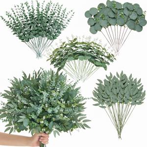 Alecono 100pcs Mixed Eucalyptus Leaves Stems Bulk, 4 Kinds Artificial Greenery Stems Faux Sliver Dollar Fake Greenery for Centerpieces Wedding DIY Bouquets Floral Arrangement Party Decor