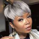 MOONSHOW Pixie Cut Wig Short Grey Wigs for Black Women Ombre Grey Short Wigs Pixie Cut Wigs with Bangs Synthetic Gray Pixie Haircut Wig for Black Women