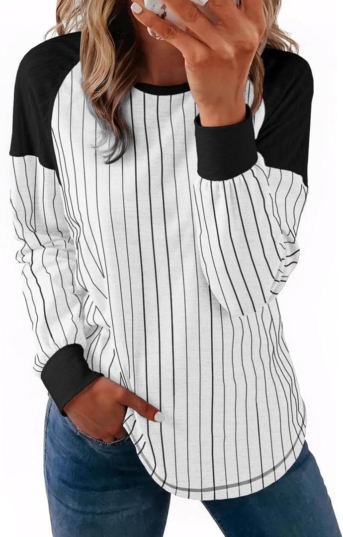 Acelitt Women Casual Striped Long Sleeve Crewneck Pullover Tshirts Tops,S-XXL (White, XL)