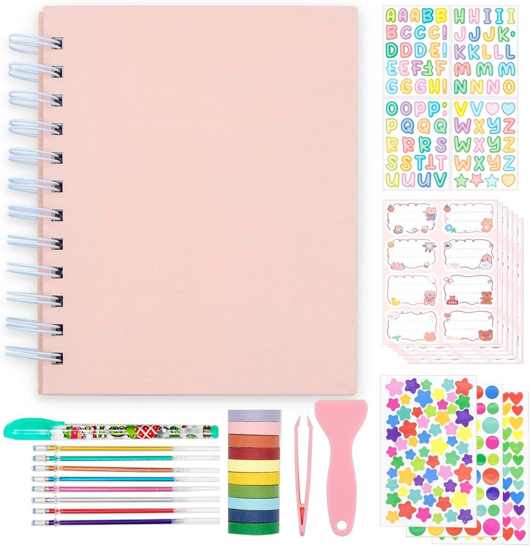 Kids Scrapbook Self Adhesive Photo Album 25 Pages Hard Cover DIY Photo Album for Instant Camera Print Paper with DIY Accessories (Pink)