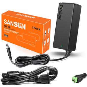 12V 5A Power Supply, AC 120V to DC12V 5.5x2.1mm Jack Converter, 12 Volt LED Driver 60W Adapter Transformer for Strip Lights, Surveillance Cameras, External HDD, Monitor, CCTV (Pack of 1)