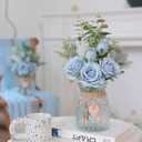 Faux Flowers with Vase,Artificial Silk Roses in Vase, Fake Plant Eucalyptus Flower Arrangement for Home Office Farmhouse Bathroom Dining Table Centerpiece Decorations Coffee Table Decor (Dusty Blue)