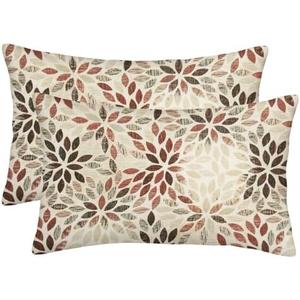 Burgundy Red Brown Pillow Covers 12x20 Inch Set of 2 Summer Rust Geometric Flower Outdoor Decorative Throw Pillows Farmhouse Dahlia Pillow Case Linen Lumbar Cushion Cover for Home Sofa Bedroom