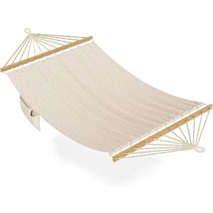 Hammock for Outside, Double Hammocks Without Stand, 2 Person, Spreader Wooden Bar, Side Storage, for Outdoor, Indoor, Patio (Beige)