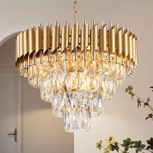 AXILIXI Modern Crystal Chandeliers Gold 20'' Crystal Ceiling Pendant Light 4 Tiers Raindrop Flush Mount Chandelier Golden Hanging Lamp Fixtures Round Chandelier for Entryway Foyer Dining Room
