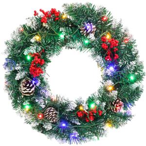 Christmas Wreath, 18in Outdoor Lighted Wreaths for Christmas, Front Door Christmas Wreaths with 30 LED, Pre-Lit Battery Powered Christmas Door Decorations with Pine Cones, Berry Clusters