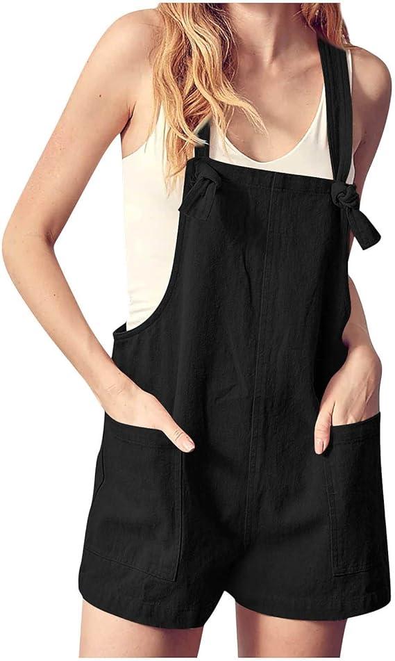 Women's Jumpsuits Summer Comfortable Rompers Casual Suspender Shorts Solid Color Knot Overalls Pants with Pockets, Size: M