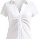 Women's Ruched Button Down Shirt Collar V Neck Short Sleeve Slim Fit Blouse (L)