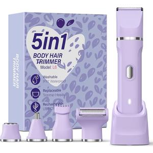 5-in-1 Bikini Trimmer for Women, IPX7 Waterproof Electric Razors Shaver, Cordless Body Hair Trimmer, Facial & Pubic Hair Removal, Ceramic Blade