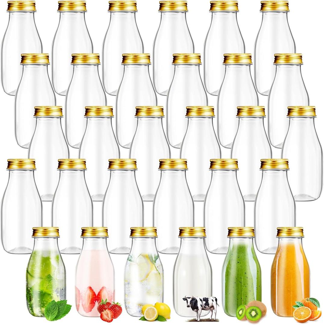 Roshtia 30 Pack 4oz 120ml Plastic Mini Milk Bottles Bulk Juice Shot Bottles with Lids Small Beverage Drink Containers for Restaurants Desserts Milk Iced Milkshakes Homemade (Gold)
