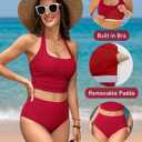 BMJL Womens High Waisted Bikini Sets Halter Two Piece Swimsuits Sporty Ribbed Tummy Control Bathing Suit (Red, XL)