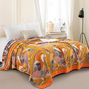 100% Muslin Cotton Throw Blanket for Couch Bed Adults Kids, Oriole Bird Printed Boho Quilt 4 Layers Ultra Soft Lightweight Reversible Gauze Blanket for All Season (Multi,60"x80")