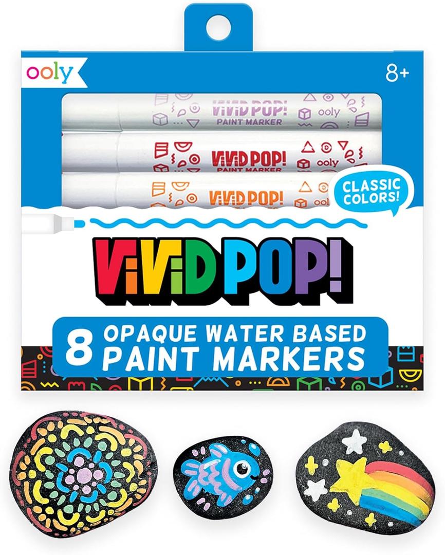 Ooly Vivid Pop Set of 8 Super Bright Water Based Paint Markers - Erases off Whiteboards, Windows, Mirrors- For Kids, Back to School Supplies, Art Projects, Paint Pen Marker for Kids (Classic)