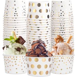 AimFun 60 Pcs Treat Snack Cups Gold Dessert Cups 8oz Disposable Paper Ice Cream Cups for Hot or Cold Food Container Birthday Christmas Party Supplies, 9oz