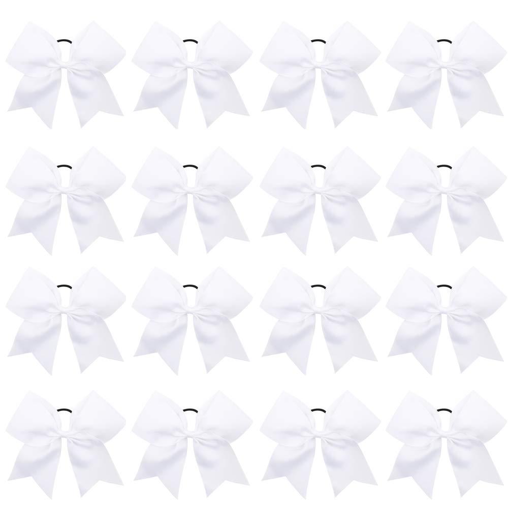 16PCS 8" Large Cheer Hair Bows Ponytail Holder Elastic Band Handmade for Cheerleading Teen Girls College Sports (White, 1 Count (Pack of 16))