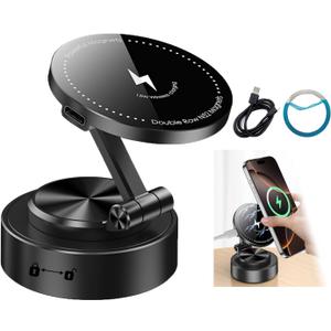 Vacuum Suction Cup Phone Holder, 15W Wireless Charger Magnetic, 360 Adjustable Foldable Car Mount, Compatible with iPhone 12-16 Pro Max, and Most Phones, for MagSafe Car/Gym/Mirror/Shower