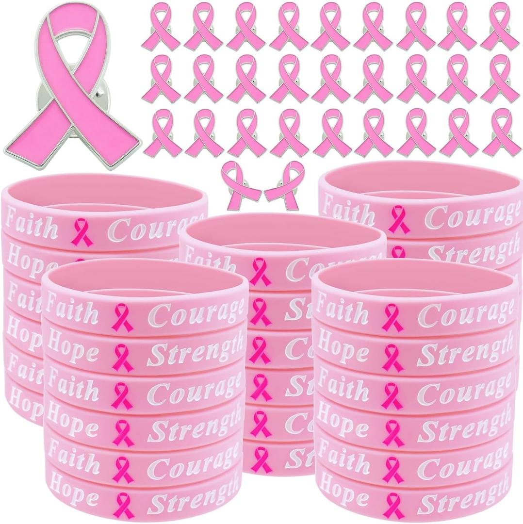 100 Pcs Breast Cancer Awareness Bulk Items Accessories Accessories 50 Breast Cancer Awareness Bracelets 50 Awareness Pins Pink Ribbon Wristbands Fundraiser Breast Cancer Party Favor for Women Men