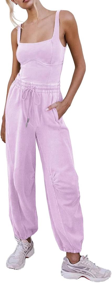 Outfeel Women's Sleeveless Summer Jumpsuit Square Neck Drawstring Waist Long Romper Jumpers 2026 with Pockets, M