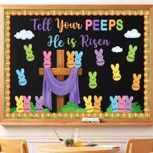 Easter Bulletin Board Decorations Set, Tell Your Peeps He is Risen Cross Easter Christian Bulletin, 80 Pieces Thick Cardstock Sunday School Classroom Church Chalkboard Decoration