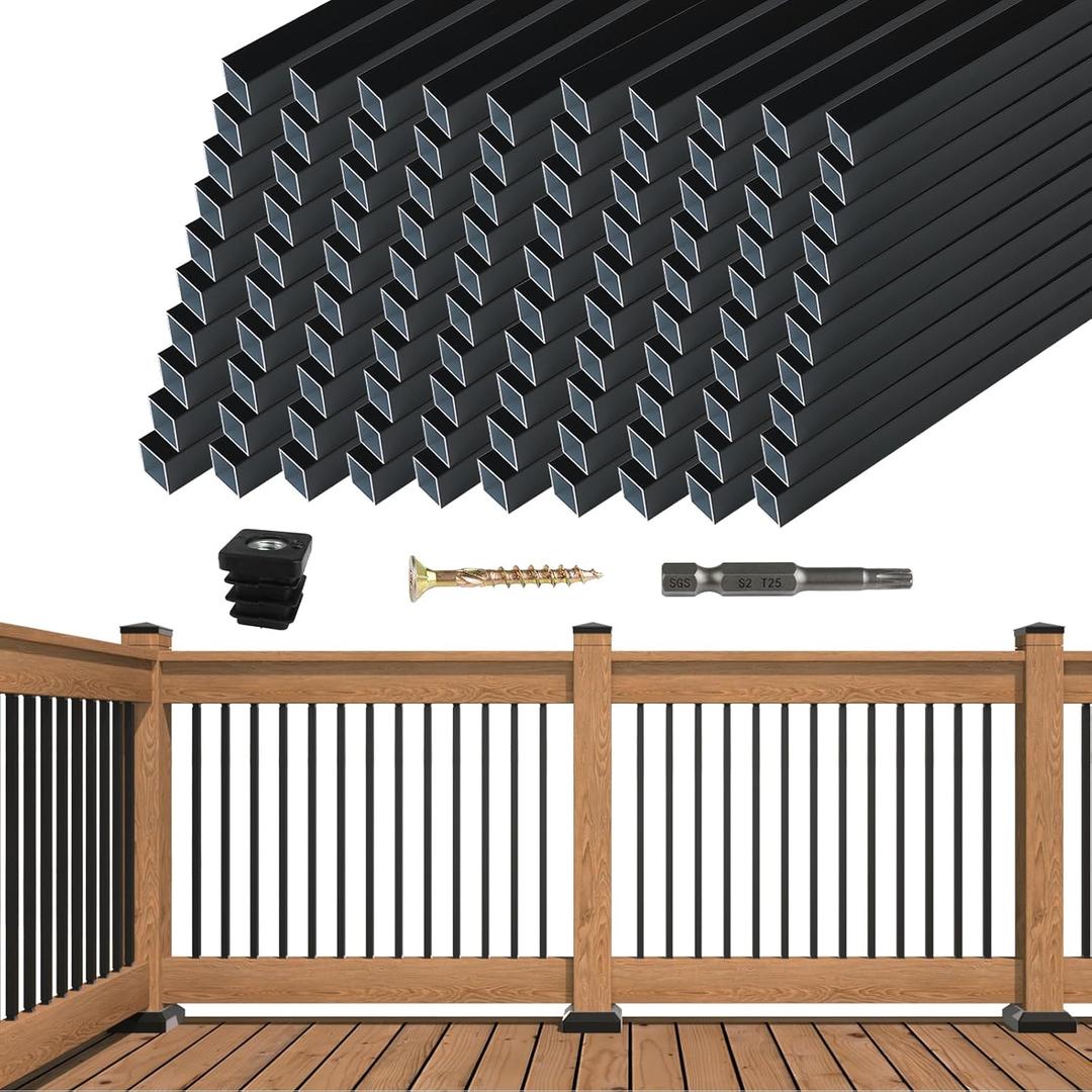 Muzata 100Pack 32" x3/4" Aluminum Deck Balusters Square Baluster Deck Railing Black Hollow Spindles with Screws for Railing Fencing Porch WT26