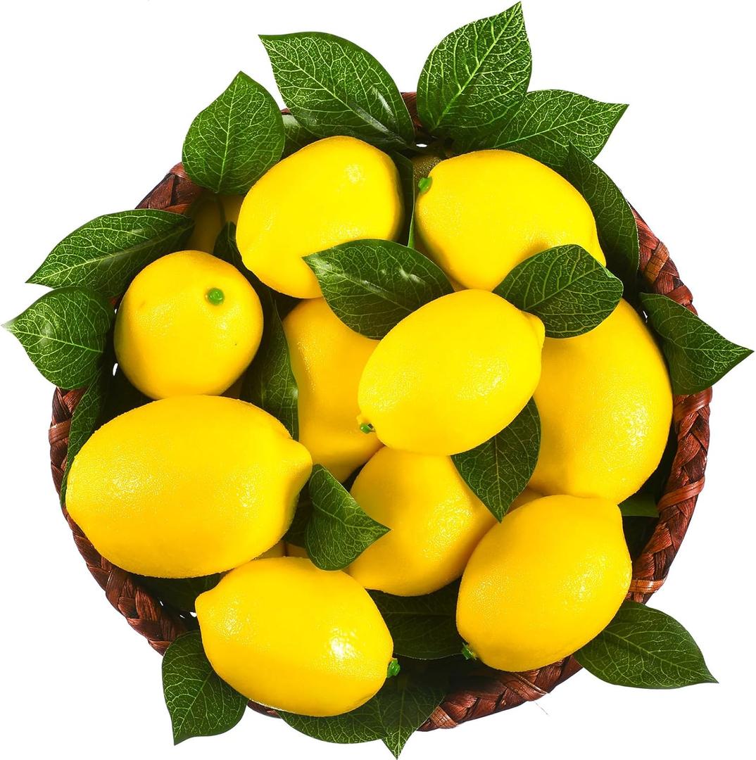 24 Pack Fake Lemons Artificial Fruits with 24 Pack Leaves Faux Yellow Lifelike Simulation Lemons Decor Realistic Fruits for Home Kitchen Table Cabinet Holiday Party Photography Props