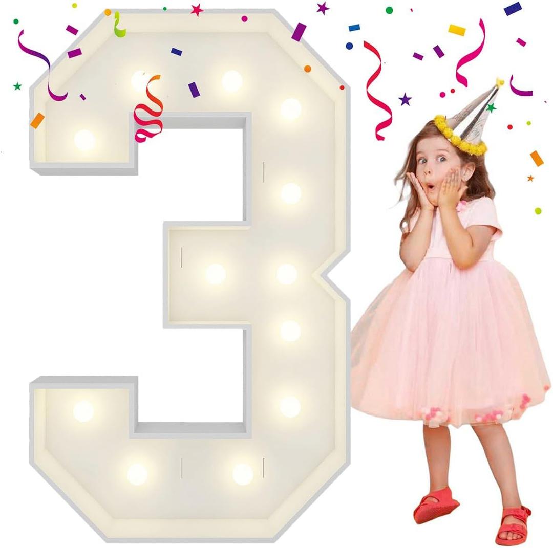 4FT Light Up Numbers Letters, Mosaic Numbers for Balloons, Giant Marquee Numbers, Mosaic Balloon Number 3 for 3rd 13th 30th Birthday Party Decorations, Anniversary Party Decor
