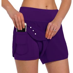 Ksmien Women's 2 in 1 Running Shorts - Lightweight Athletic Workout Gym Yoga Shorts Liner with Phone Pockets (Purple, L)
