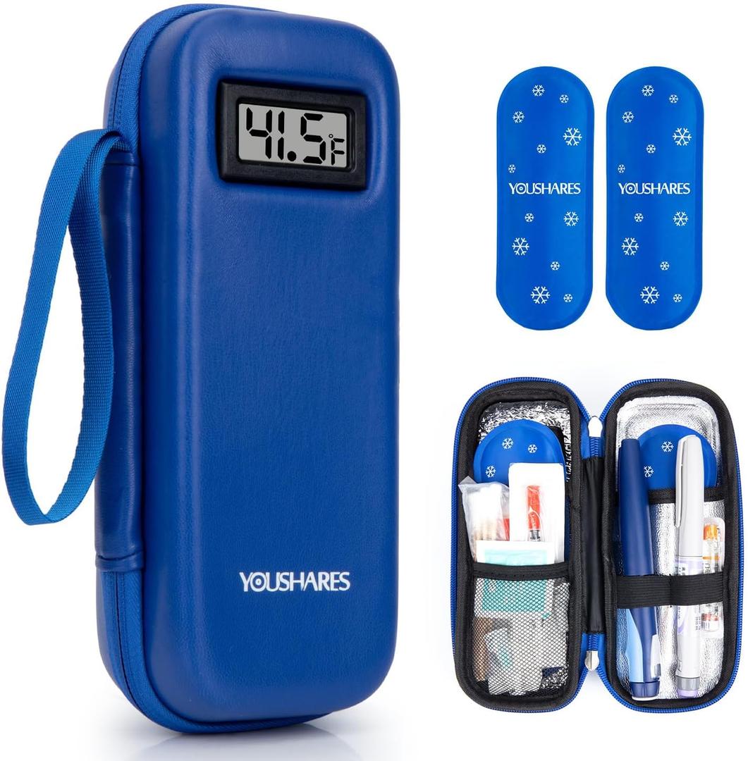 YOUSHARES Insulin Cooler Travel Case with Temperature Display - Refrigerated Medicine Cooling Bag with 2 TSA Approved Ice Pack, Medication Pen, Diabetic Supplies Organizer for Trip and Daily