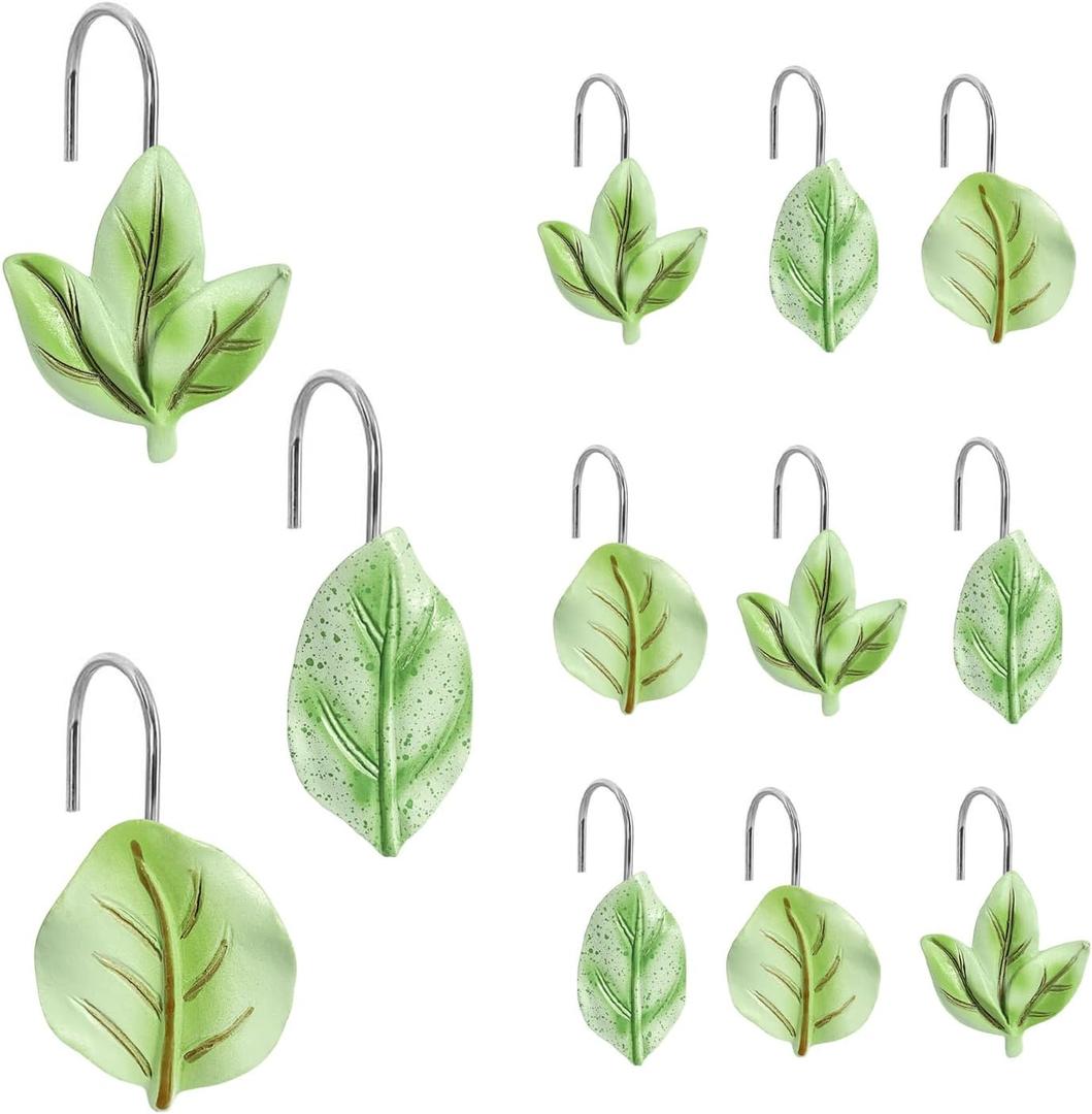 12PCS Leaves Shower Curtain Decor Hooks, Sage Green Plant Eucalyptus Leaf Stainless Steel Hooks Cute Shower Curtain Rings Boho Bathroom Accessories