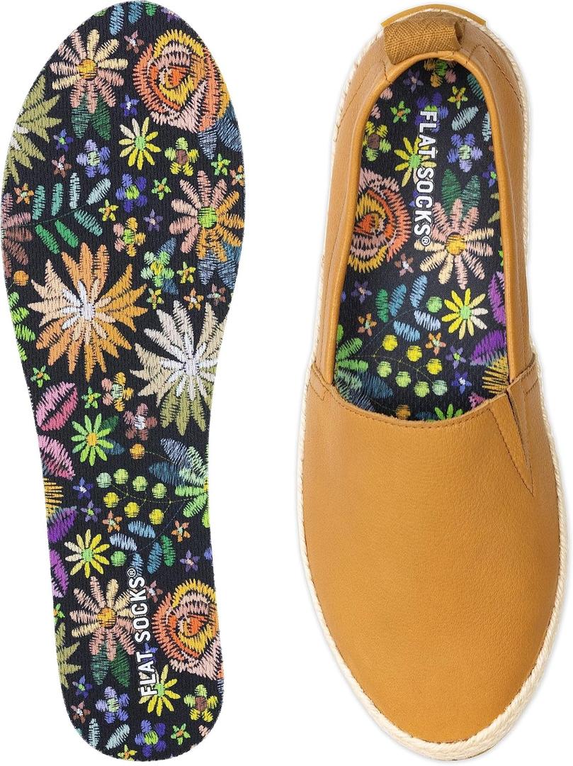 FLAT SOCKS Womens No Show Socks, Sockless Shoe Liner, No Slipping, No Stinking, Washable Barefoot Shoe Insert, Floral Print (Large, Floral Embroidery)