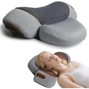 3-in-1 Neck Massager Pillow, Traction Massager with Massage Hot Compress Traction Stretching, Pillow Massage Neck Hump with 118-inch Extra-Long Cord, Light Gray