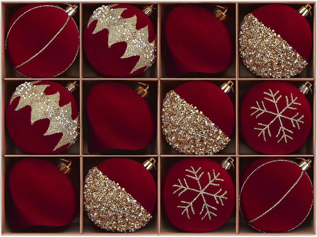 SHareconn 12ct Velvet Glitter Christmas Tree Balls Ornaments,3.15" Flocked Ornaments,Shatterproof Plastic Decorative Baubles Decorations for Xmas Tree Decor Holiday Party Decoration (Red & Gold, 80mm)