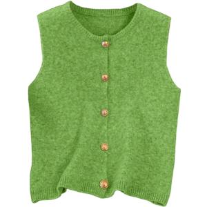 RoseSeek Women's Button Down Sweater Vest Sleeveless Crewneck Knit Knitwear (Green, XL)