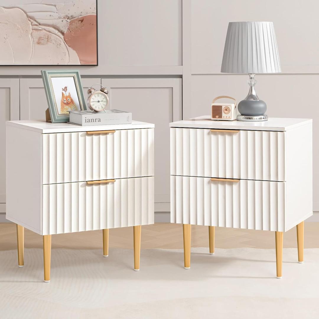SICOTAS White Night Stand Set 2, Wide Fluted Nightstand with 2 Drawers, Modern Glossy Storage Bedside Table for Bedroom, End Side Table with Golden Metal Legs and Handles（2, White）