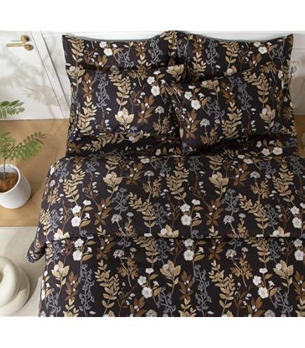 WONGS BEDDING Black and Gold Comforter Set Queen Size,7 Pieces Floral Bed in a Bag Botanical Microfiber Bedding Comforter Sets Soft Lightweight Bed Set with Sheet, Pillowcases & Shams