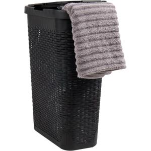 Mind Reader 40L Slim Laundry Hamper, Clothes Basket, Lid, Wicker Design, Plastic, 18"L x 10.4"W x 23.5"H, Black