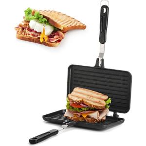 SOUJOY Sandwich Maker, Non-stick Grill Panini Maker Pan with Handle, Stovetop Toasted Aluminum Flip Pan Indoor Outdoor Camping Home Kitchen Breakfast