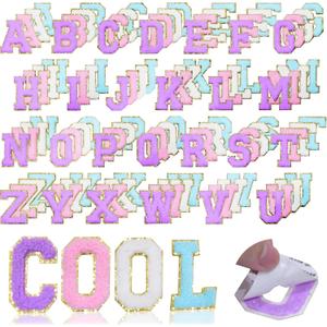 104 Pcs Chenille Letter Patches Iron on Letters Self Adhesive Chenille Patches Chenille Embroidered Patch for Clothing Hats Embroidered Repair(White, Pink, Purple, Blue, 2.2")
