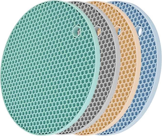 Smithcraft Silicone Trivets for Hot Dishes Pots & Pans, Round Pot Holders, Jar Opener Pads & Spoon Rest, Non Slip Hot Pads for Kitchen, Flexible Heat Resistant Mats for Counter Trivet Mat Set 4, (gray+blue+teal+beige)