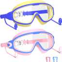 Swim Goggles for Kids 3-15 with Earplugs Large Frame Anti-Fog/UV Swimming Goggles for Boys Girls Toddler 2PCS (Pink Blue &Blue Yellow)
