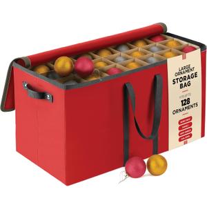 Large 128 Christmas Ornament Storage Box, Adjustable Compartment Dividers, Dual Zipper, Stackable Holiday Decorations Organizer with Lid, Xmas Durable Fabric Bin, Reinforced Handles Space-Saving (Red)